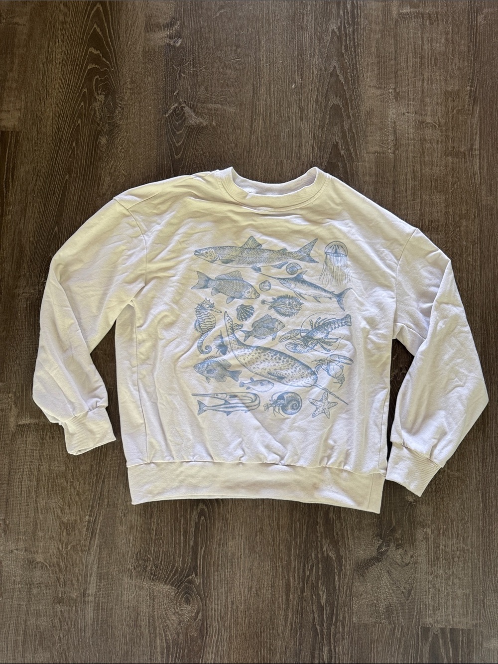 Women’s White light Crewneck Sweater with Light Blue Fish Graphic